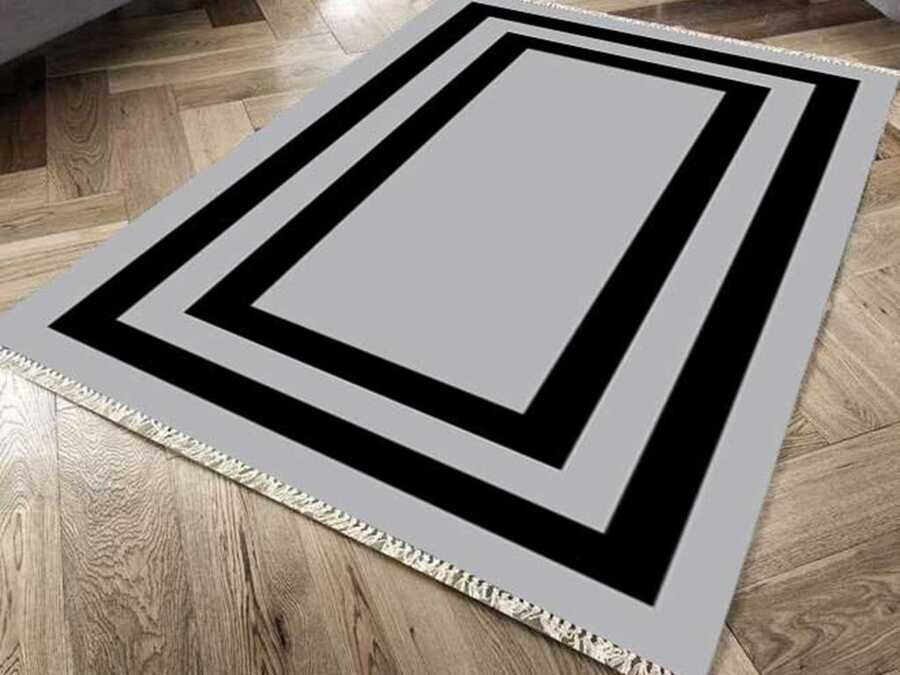 Non-Slip Base Digital Print Velvet Carpet Geometric Gray 80x200 cm - Thumbnail