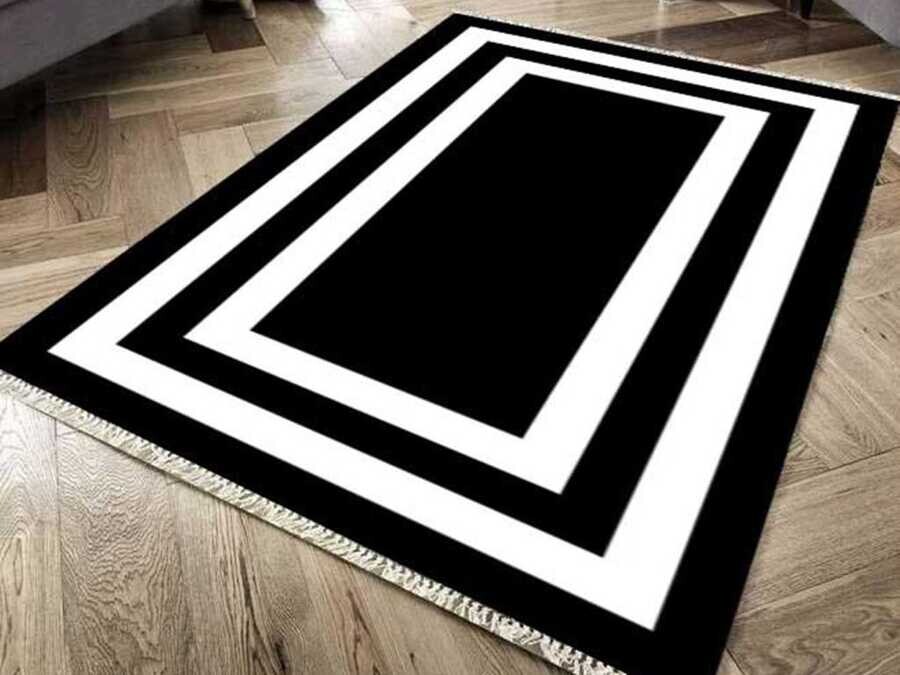 Non-Slip Base Digital Print Velvet Carpet Geometric Black 100x200 cm - Thumbnail