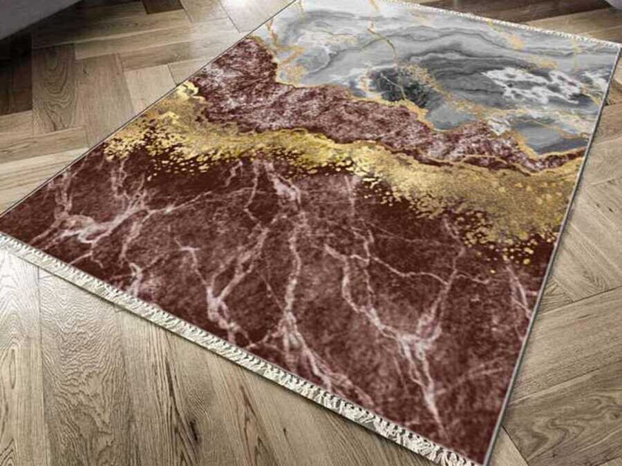 Non-Slip Base Digital Print Velvet Carpet Lava Life Gold 100x300 cm - Thumbnail