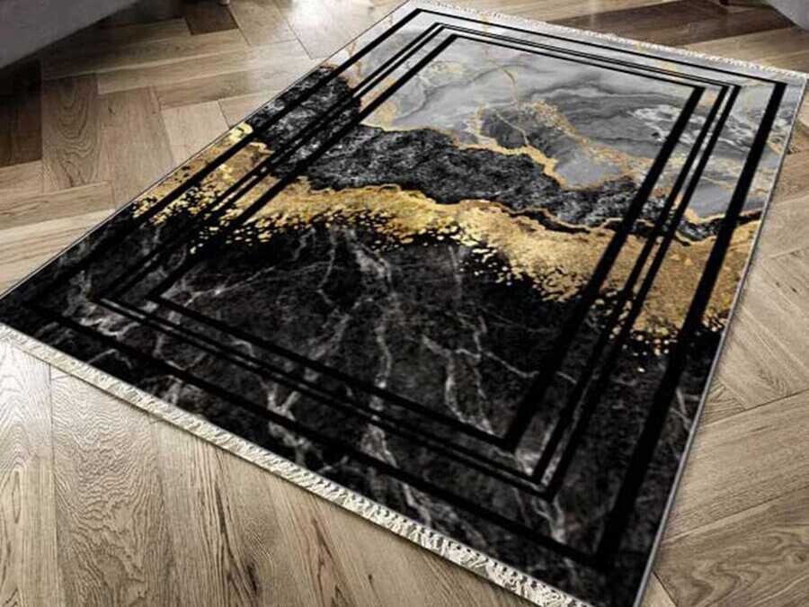 Non-Slip Base Digital Print Velvet Carpet Lava Life Black Gold 160x230 cm - Thumbnail