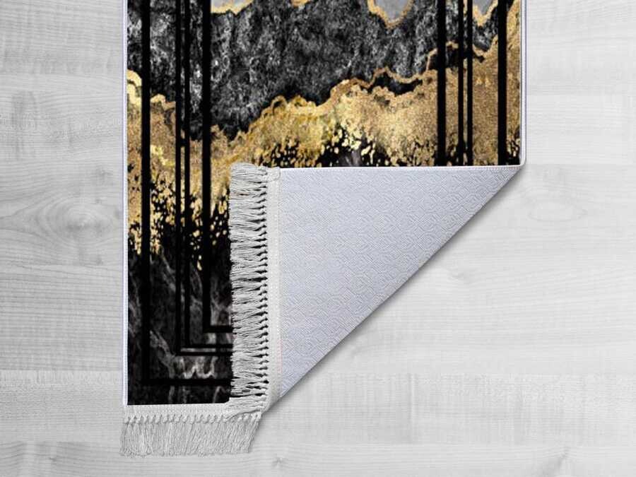 Non-Slip Base Digital Print Velvet Carpet Lava Life Black Gold 80x300 cm - Thumbnail