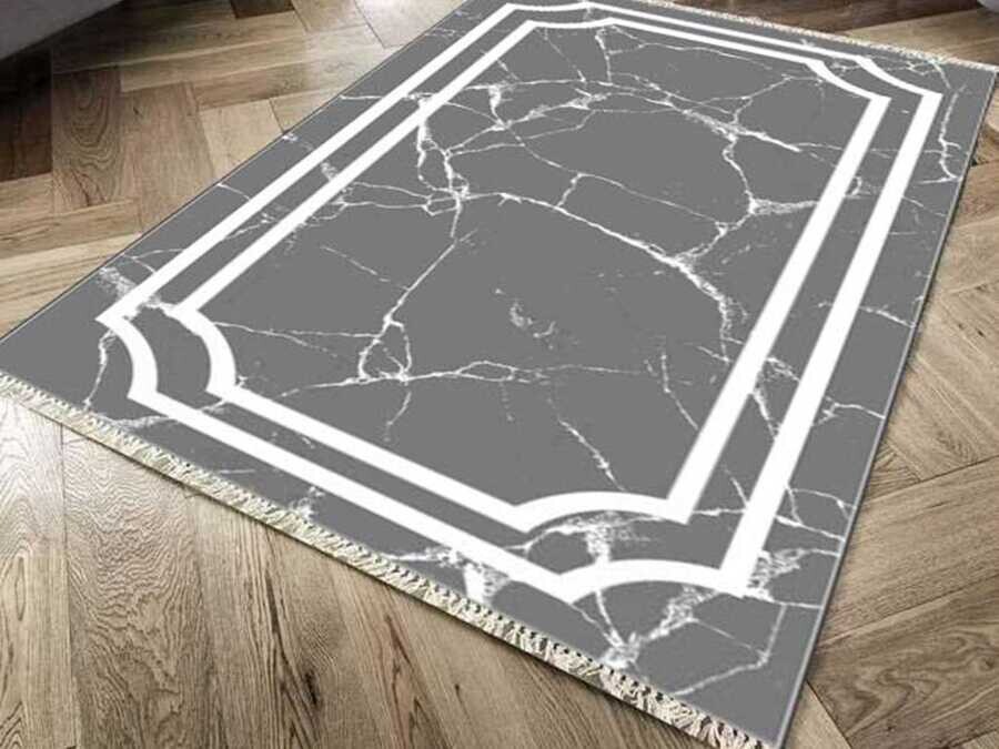 Non-Slip Base Digital Print Velvet Carpet Linear Stone Dim Gray 160x230 cm - Thumbnail