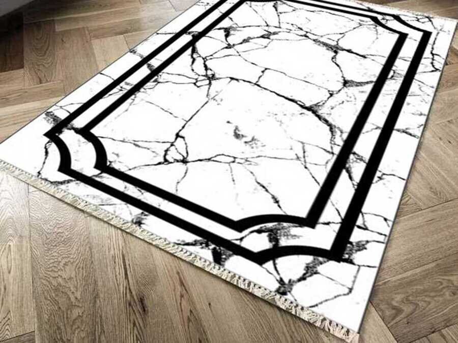 Non-Slip Base Digital Print Velvet Carpet Linear Stone White 80x200 cm - Thumbnail