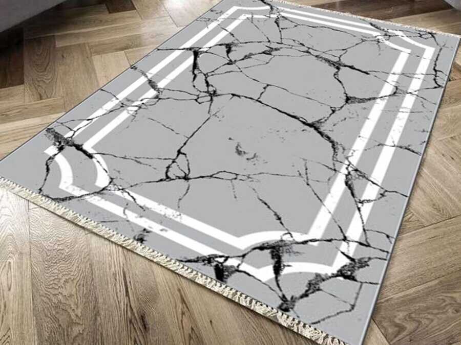 Non-Slip Base Digital Print Velvet Carpet Linear Stone Gray 100x300 cm - Thumbnail