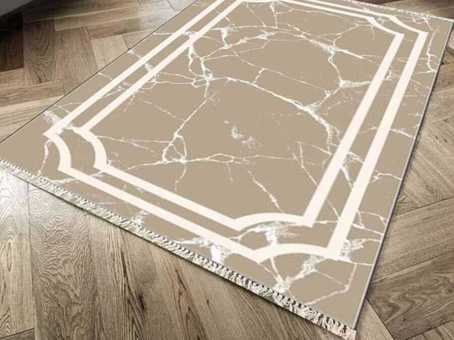 Non-Slip Base Digital Print Velvet Carpet Linear Stone Brown 100x300 cm - Thumbnail