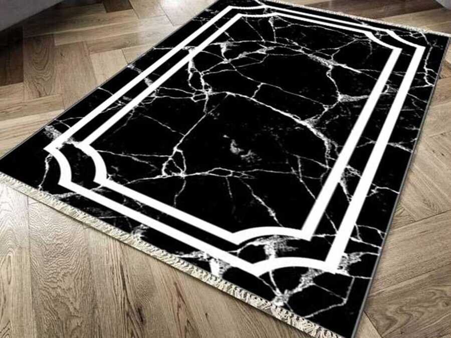 Non-Slip Base Digital Print Velvet Carpet Linear Stone Black 160x230 cm - Thumbnail