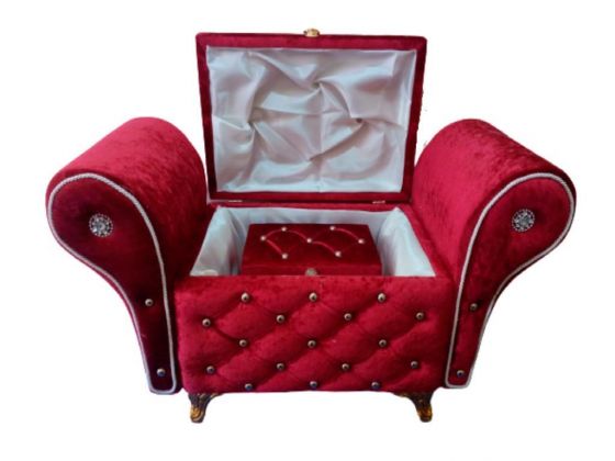 Armchair Quilted Dowry Box with Pearls Claret Red