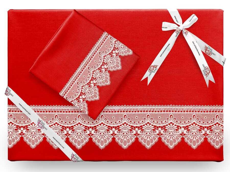 Dowry World - Kristal طقم غطاء لحاف مطرز بالتطريز الفرنسي لون احمر