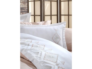 Beach Embroidered Cotton Satin Duvet Cover Set Cream Cappucino - Thumbnail