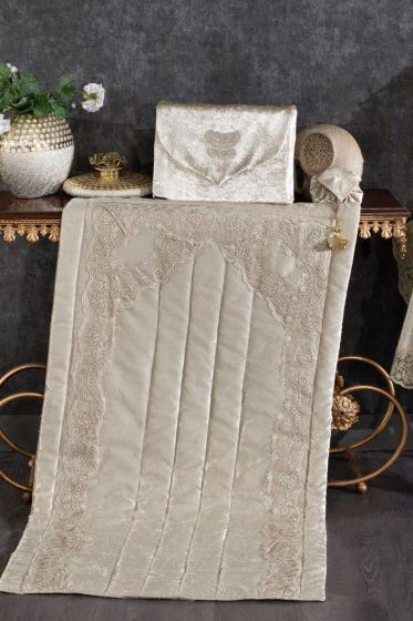 Kumsal Velvet Maras Prayer Rug Set 6pcs, Rug 70x115 cm,Towel, Bundle, Cappucino