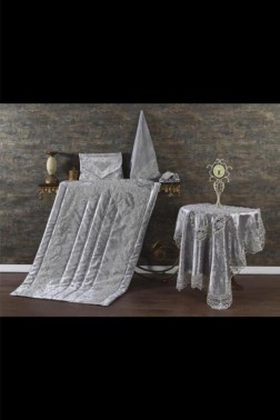 Çeyiz Diyarı - Kumsal Velvet Maras Prayer Rug Set 6pcs, Rug 70x115 cm,Towel, Bundle, Gray Çeyiz Diyarı - Kumsal Velvet Maras Prayer Rug Set 6pcs, Rug 70x115 cm,Towel, Bundle, Gray