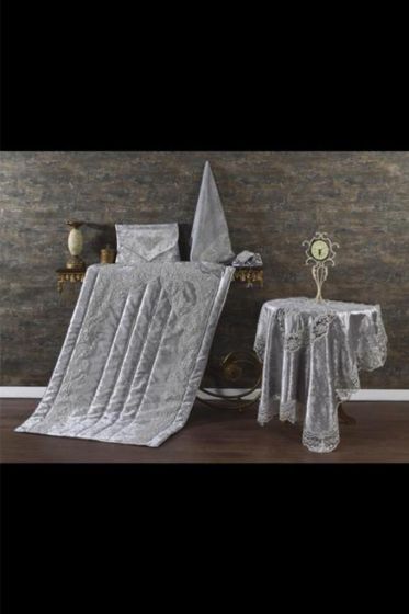 Kumsal Velvet Maras Prayer Rug Set 6pcs, Rug 70x115 cm,Towel, Bundle, Gray