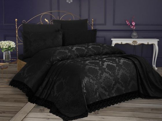  طقم غطاء سرير مفرد مطرز بالدانتيل الفرنسي - أسود Kure