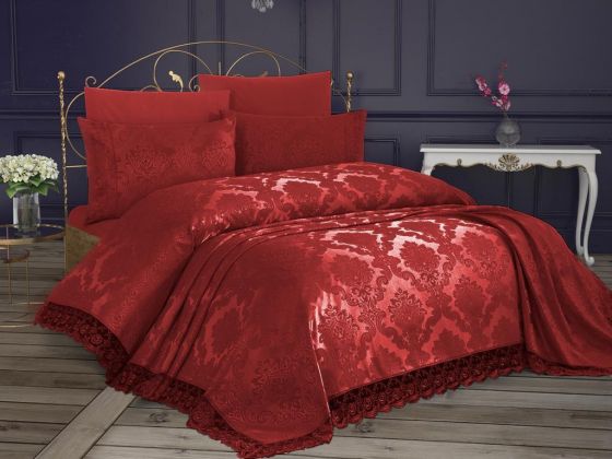  طقم غطاء سرير مفرد مطرز بالدانتيل الفرنسي - أحمر غامق Kure