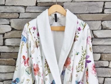 Lace Efil Digital Printed Cotton Women Single Bathrobe Cream - Thumbnail