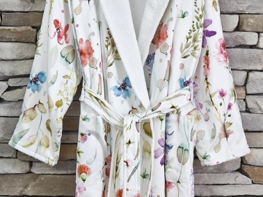 Lace Efil Digital Printed Cotton Women Single Bathrobe Cream - Thumbnail