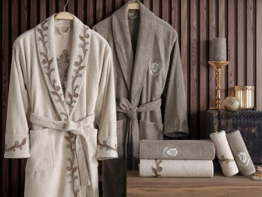 Lace Karya Embroidered Bamboo Bathrobe Set Beige Brown - Thumbnail