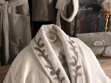 Lace Karya Embroidered Bamboo Bathrobe Set Beige Brown - Thumbnail