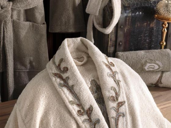 Lace Karya Embroidered Bamboo Bathrobe Set Beige Brown