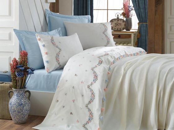 Lace Lara Embroidered Tasseled Double Bedspread Set Cream Blue