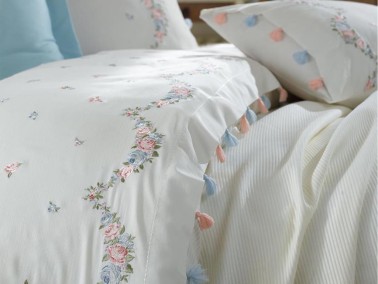 Lace Lara Embroidered Tasseled Double Bedspread Set Cream Blue - Thumbnail