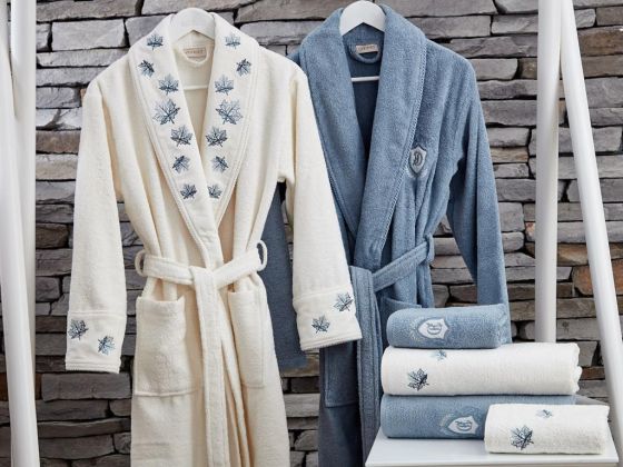 Lace Leaf Embroidered Cotton Bathrobe Set Cream Blue