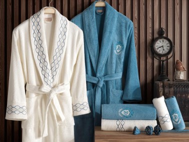 Lace Line Embroidered Bamboo Bathrobe Set Cream Maldivian - Thumbnail