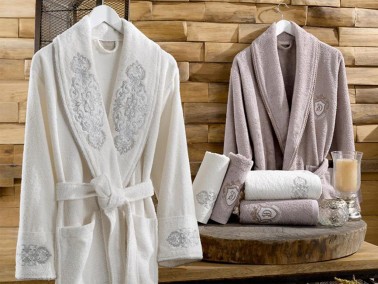 Lace Merlin Embroidered Bamboo Bathrobe Set Cream Tile - Thumbnail