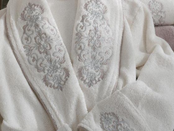 Lace Merlin Embroidered Bamboo Bathrobe Set Cream Tile