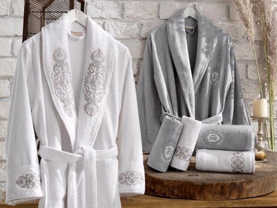 Lace Merlin Embroidered Bamboo Bathrobe Set White Gray