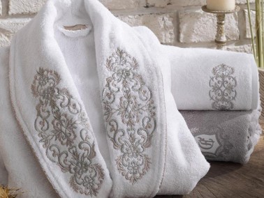 Lace Merlin Embroidered Bamboo Bathrobe Set White Gray - Thumbnail