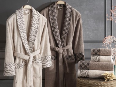 Lace Mery Jacquard Cotton Bathrobe Set Beige Brown - Thumbnail