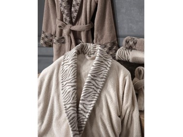 Lace Mery Jacquard Cotton Bathrobe Set Beige Brown - Thumbnail