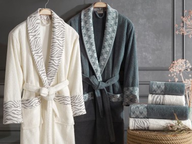 Lace Mery Jacquard Cotton Bathrobe Set Cream Petrol - Thumbnail