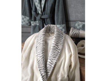 Lace Mery Jacquard Cotton Bathrobe Set Cream Petrol - Thumbnail