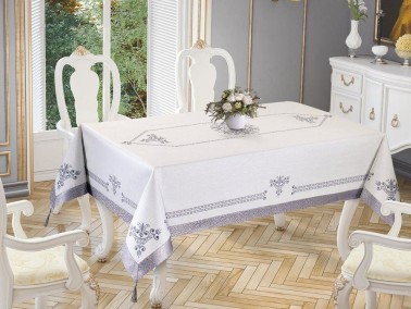  Tulip Printed Rectangular Tablecloth Silver 160x300 Cm - Thumbnail