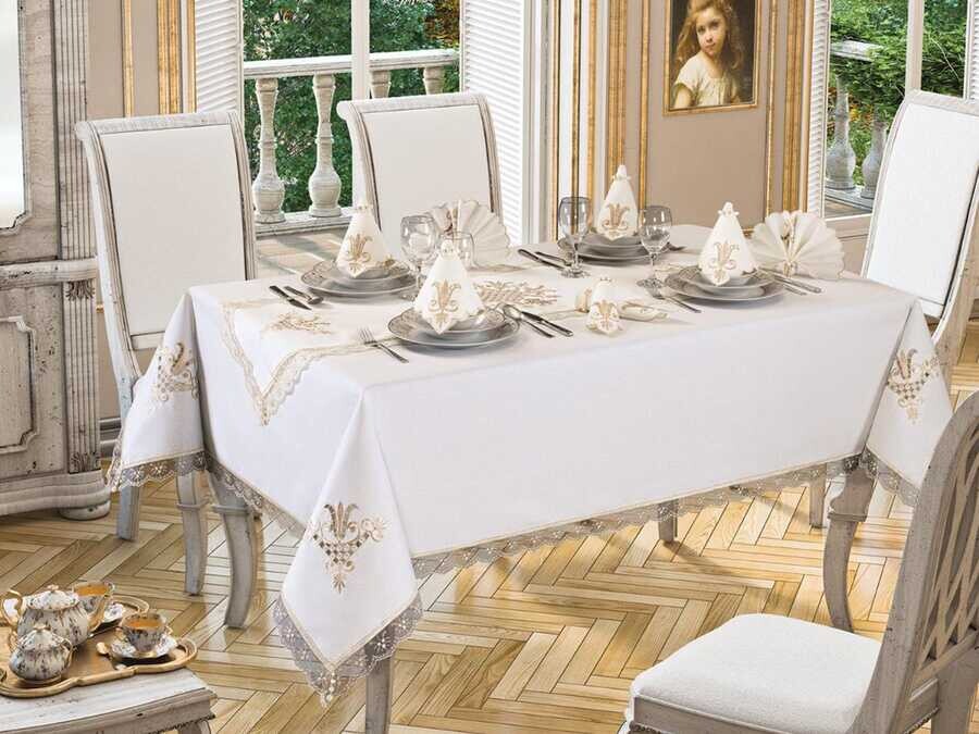 
Tulip Embroidered Lacy Rectangular Tablecloth Set 26 Piece Cream Cappucino - Thumbnail