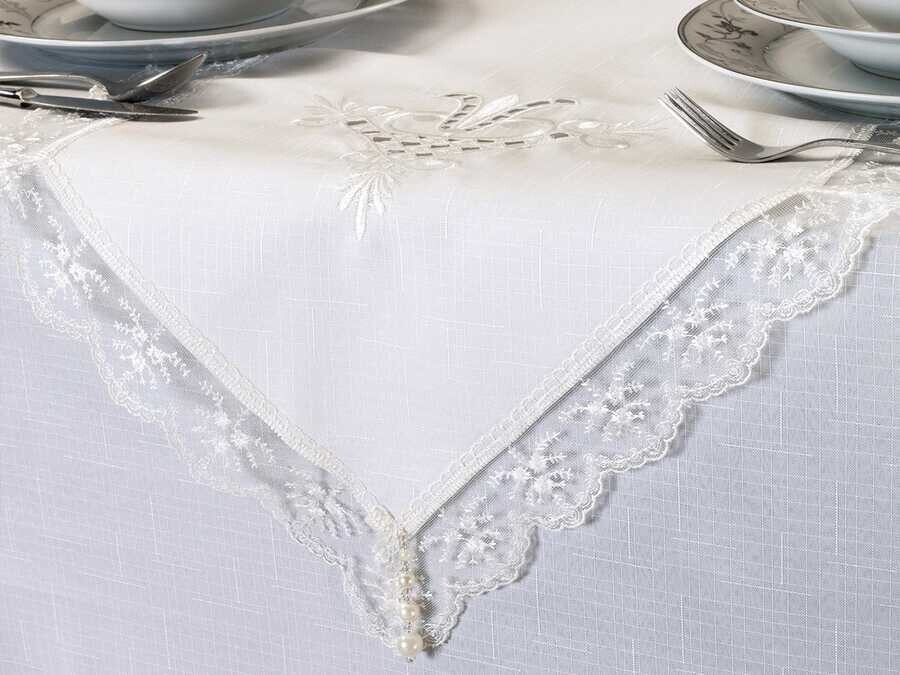 
Tulip Embroidered Lacy Rectangular Tablecloth Set 26 Piece Cream Cream - Thumbnail