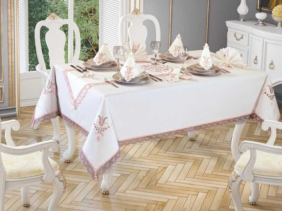 
Tulip Embroidered Lacy Rectangular Tablecloth Set 26 Piece Cream Powder