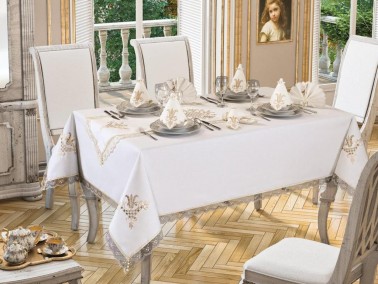 Lale Embroidered Lacy 8 Person Table Cloth Set - Cream Cappuccino - Thumbnail