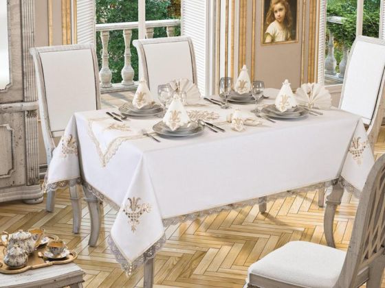 Lale Embroidered Lacy 8 Person Table Cloth Set - Cream Cappuccino