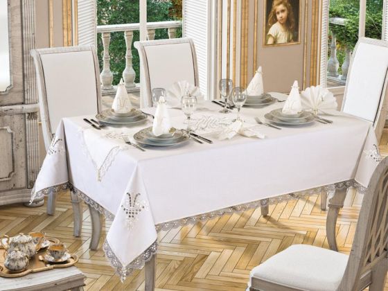 Tulip Embroidered Lacy 8 Person Table Cloth Set Cream Cream