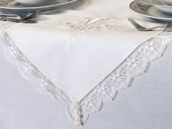 Tulip Embroidered Lacy 8 Person Table Cloth Set Cream Cream