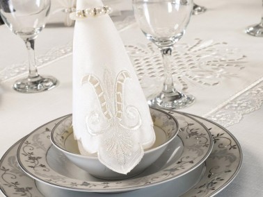 Tulip Embroidered Lacy 8 Person Table Cloth Set Cream Cream - Thumbnail