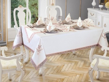 Tulip Embroidered Lacy 8 Person Table Cloth Set Cream Powder - Thumbnail