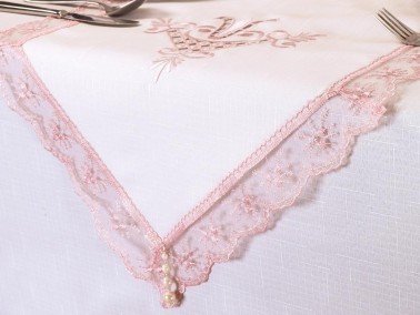 Tulip Embroidered Lacy 8 Person Table Cloth Set Cream Powder - Thumbnail