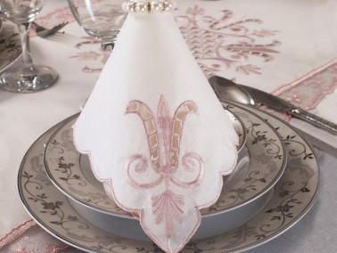 Tulip Embroidered Lacy 8 Person Table Cloth Set Cream Powder - Thumbnail