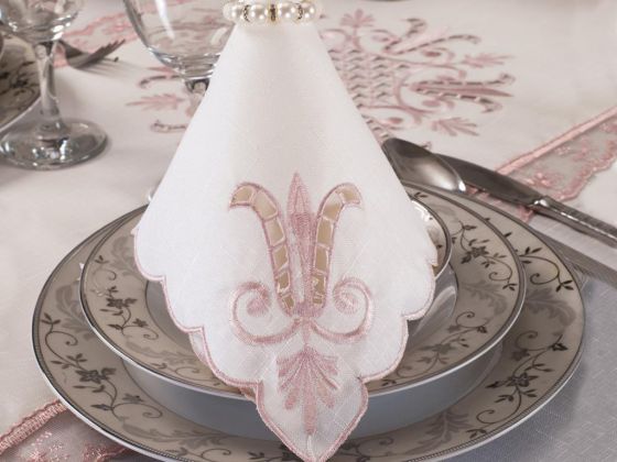 Tulip Embroidered Lacy 8 Person Table Cloth Set Cream Powder