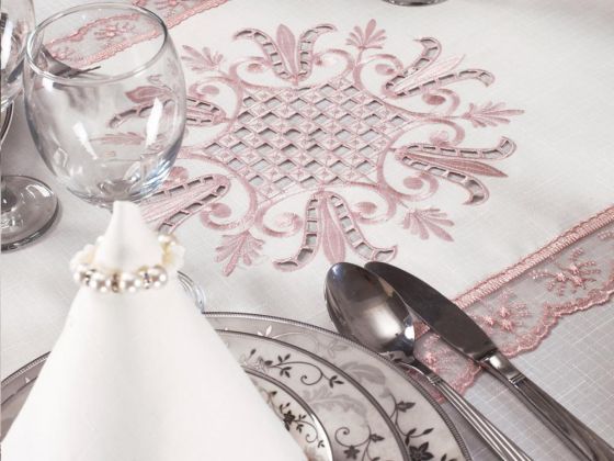 Tulip Embroidered Lacy 8 Person Table Cloth Set Cream Powder