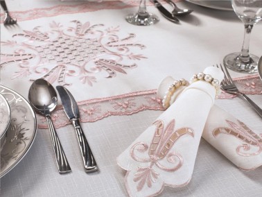Tulip Embroidered Lacy 8 Person Table Cloth Set Cream Powder - Thumbnail